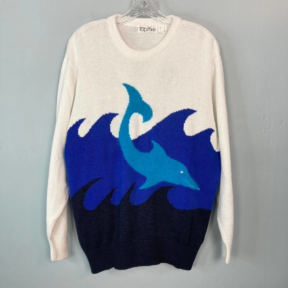TOPLIKE Vintage Dolphin Ocean Waves Angora Blend Crew Neck Sweater Womens Size L - Picture 7 of 16
